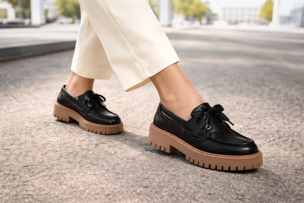 Mocassim de couro com sola robusta — releitura moderna do clássico