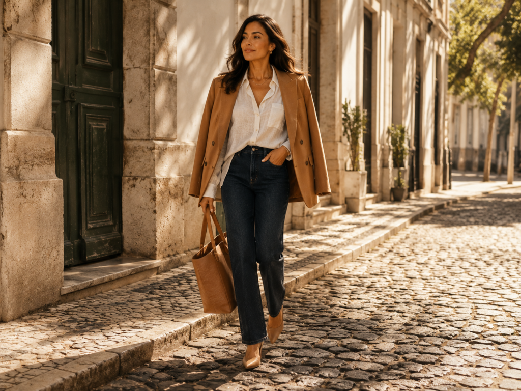 look casual sofisticado mulher madura calça jeans blazer scarpin elegante