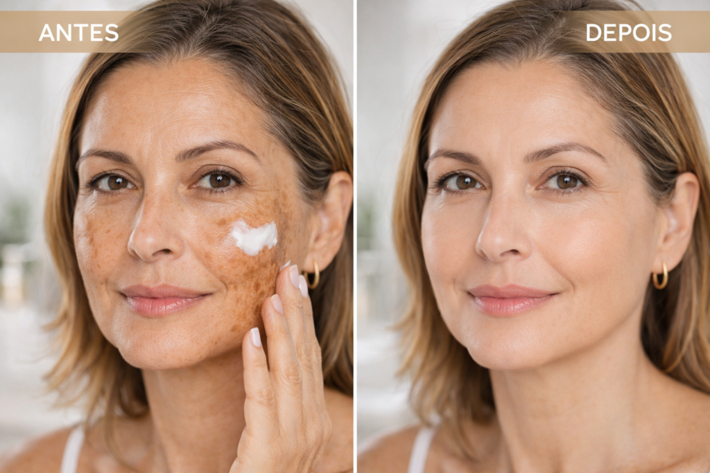 Antes e depois do uso de clareador de melasma em pele madura