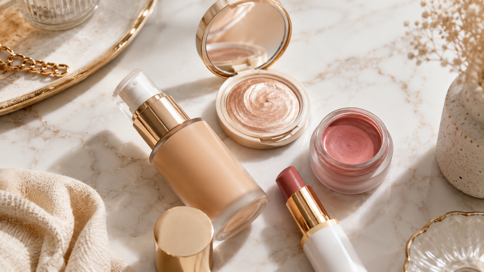 Produtos para maquiagem Base-Glow Vitality 2026 — base sérum, iluminador cremoso, blush e tint
