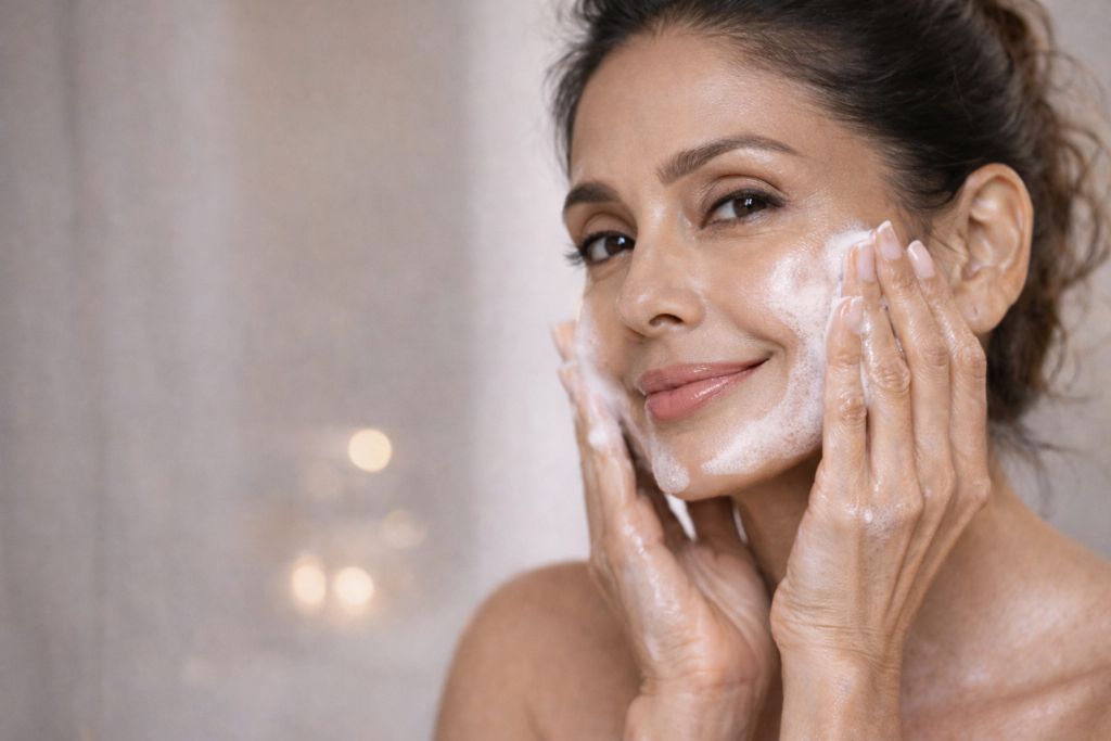 Massagem facial para preparar a pele madura antes da maquiagem