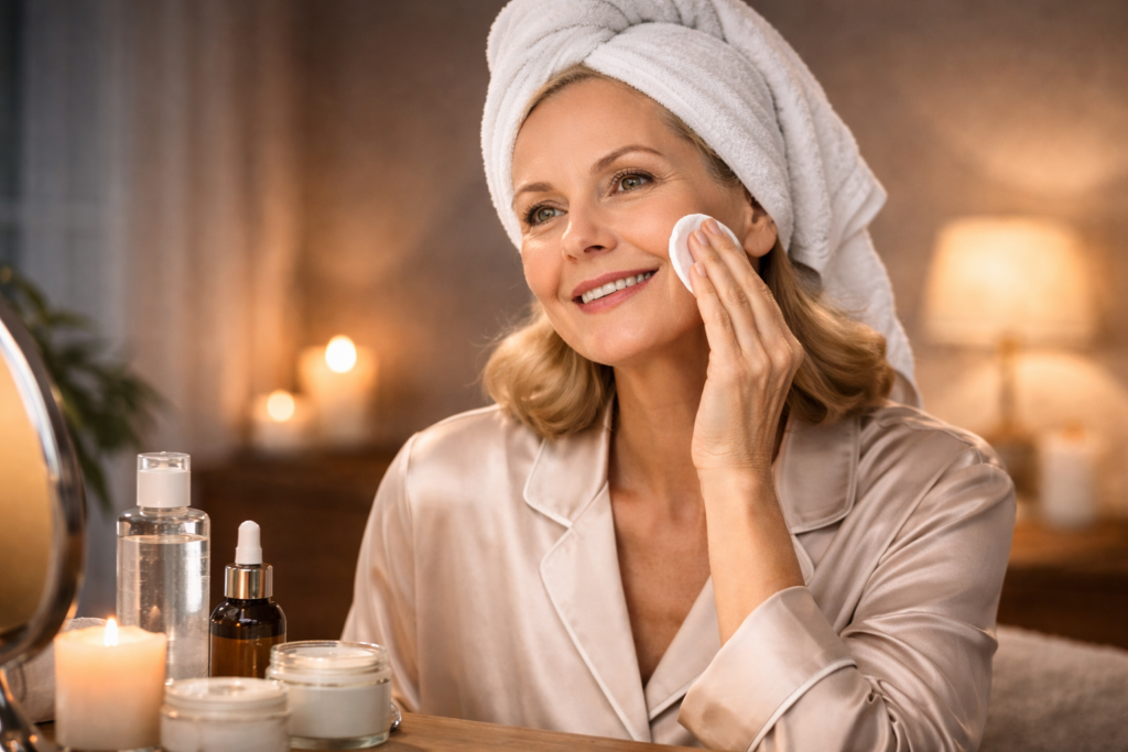 Rotina de skincare para pele madura à noite — retinol, ceramidas e hidratação reparadora