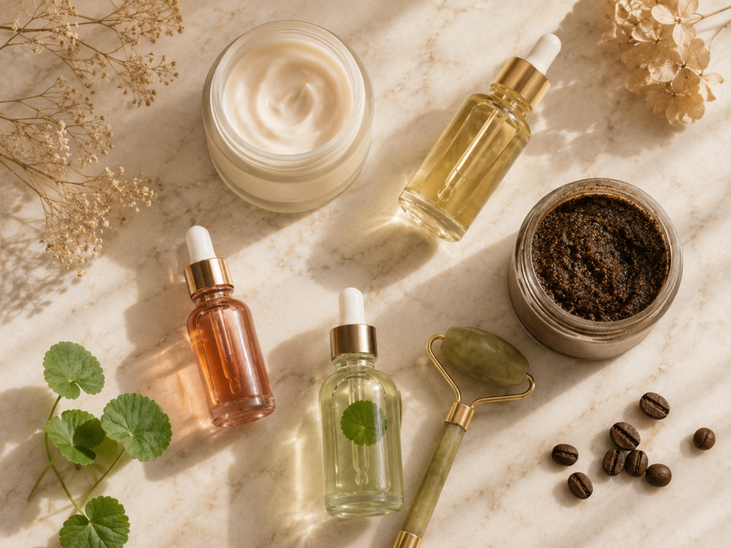 ativos firmadores para o corpo — cafeína, retinol, vitamina C, centella — pele madura