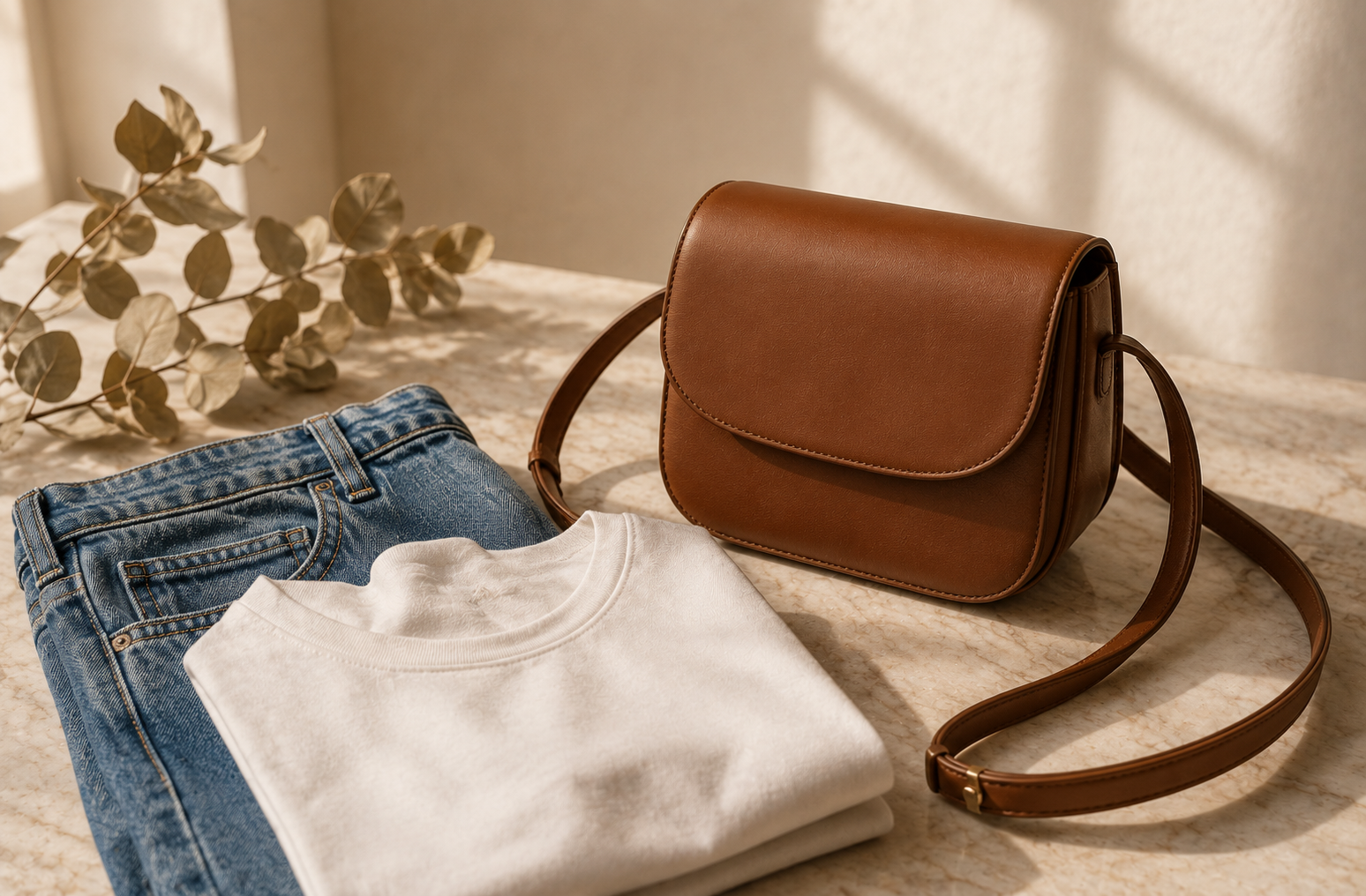 Bolsa marrom estruturada com jeans e camiseta — look casual do dia a dia