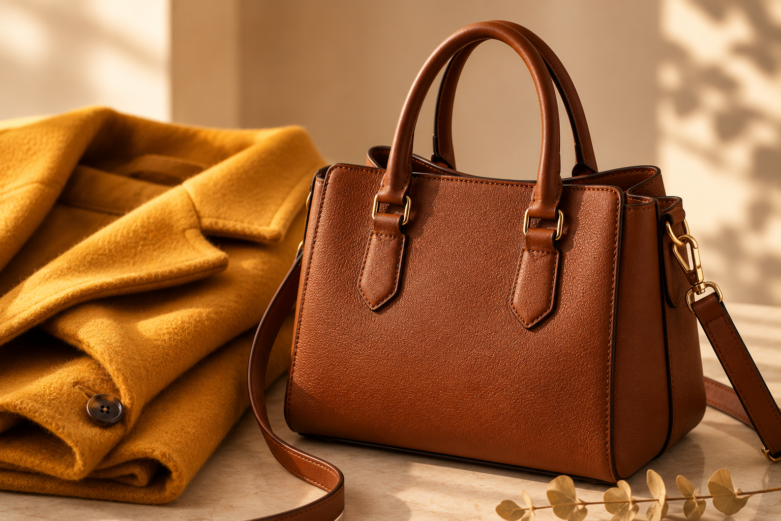Bolsa marrom combinada com peça em cor vibrante — contraste elegante no inverno