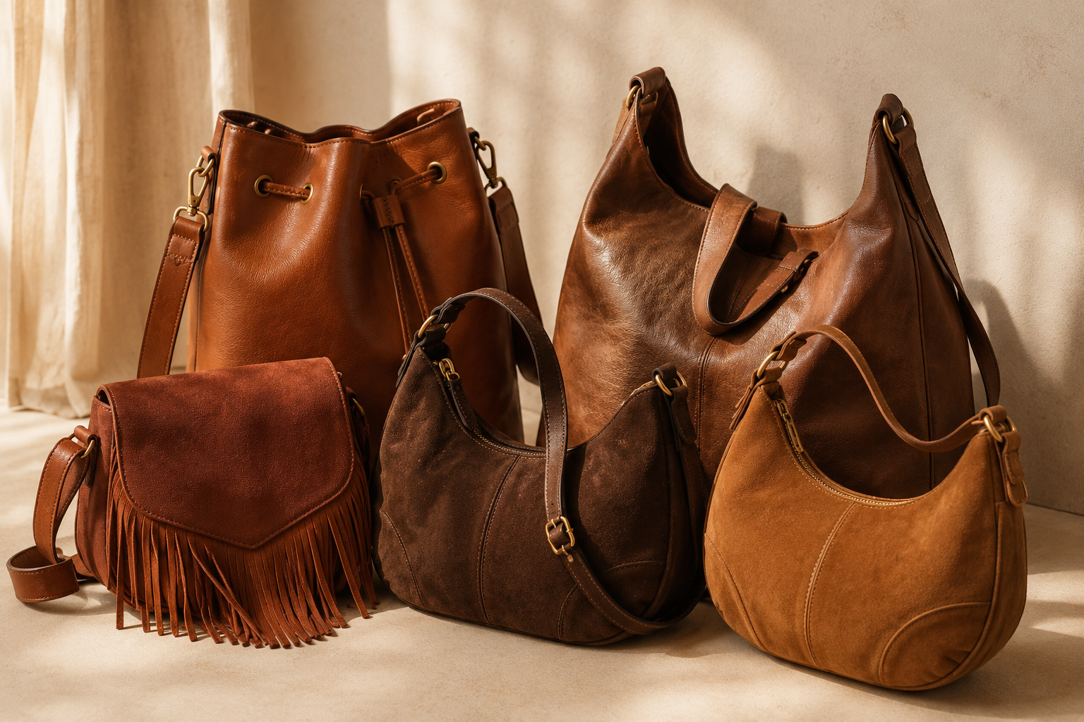 Bolsas dos anos 70 que voltaram à moda — bucket bag, tiracolo de camurça, franjas, tote e hobo