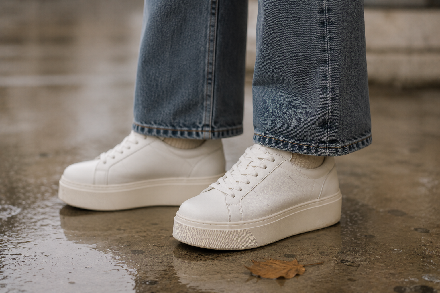 Tênis plataforma para dias de chuva — look de inverno para mulheres 40+