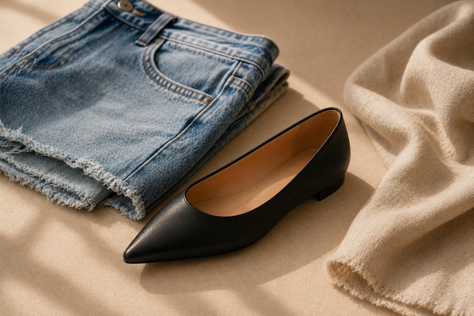 Sapatilha de bico fino com bermuda jeans — look urbano casual