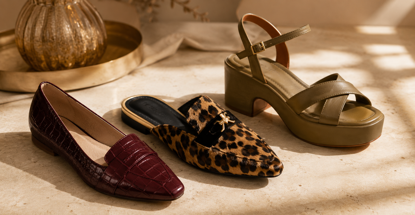 Cores de sapatos no inverno 2026 — burgundy, animal print e verde oliva substituem o preto