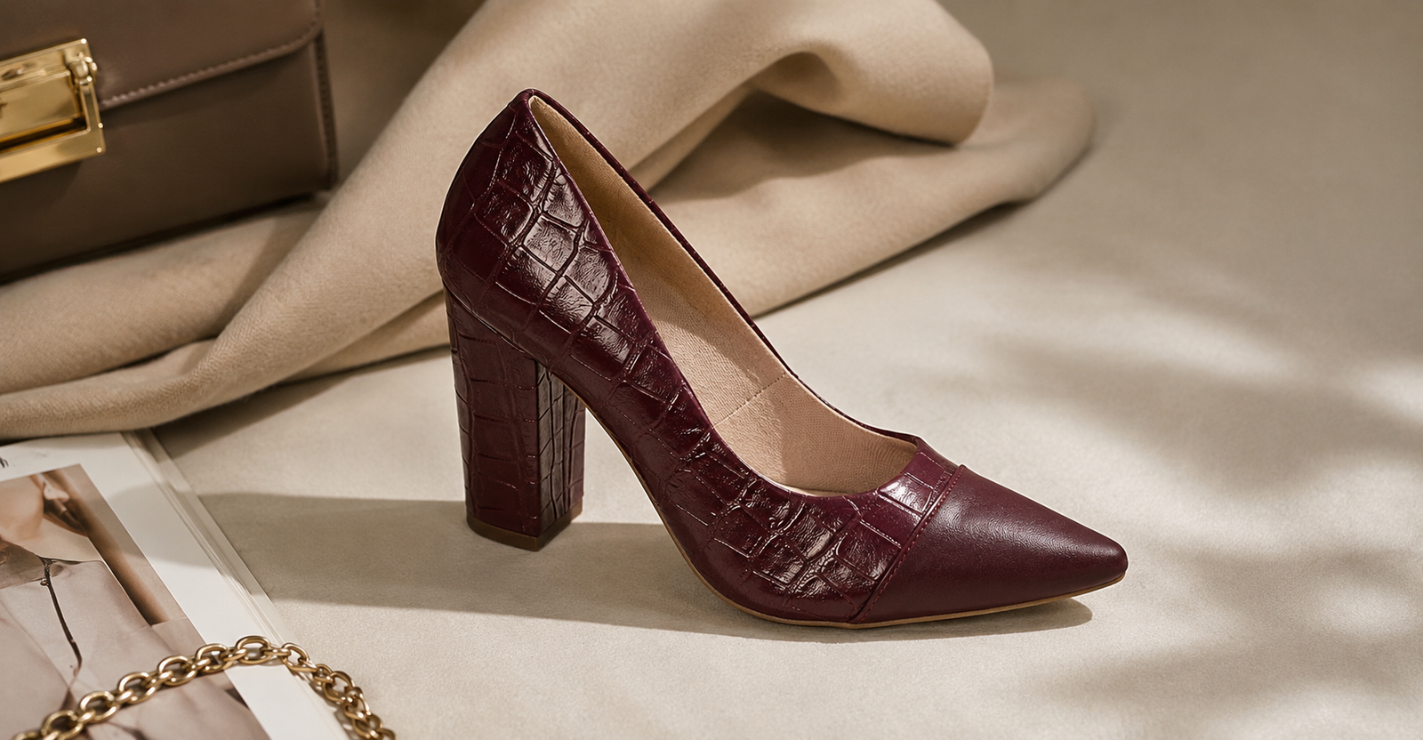 Scarpin burgundy com textura croco para inverno — tendência de cor 2026