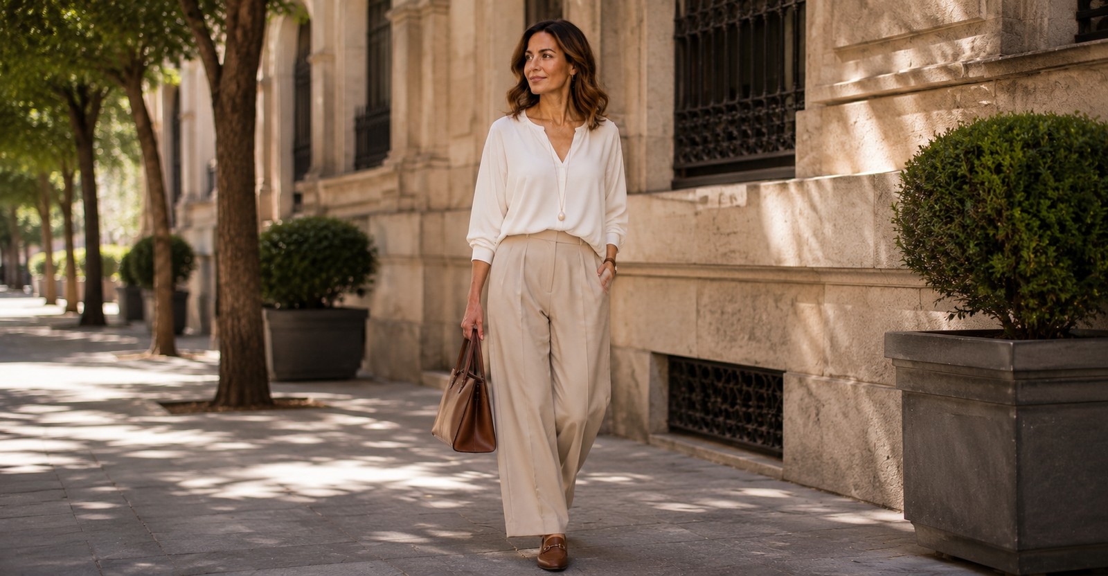 Calça de alfaiataria ampla combinada com blusa fluida — mix de estruturado e solto