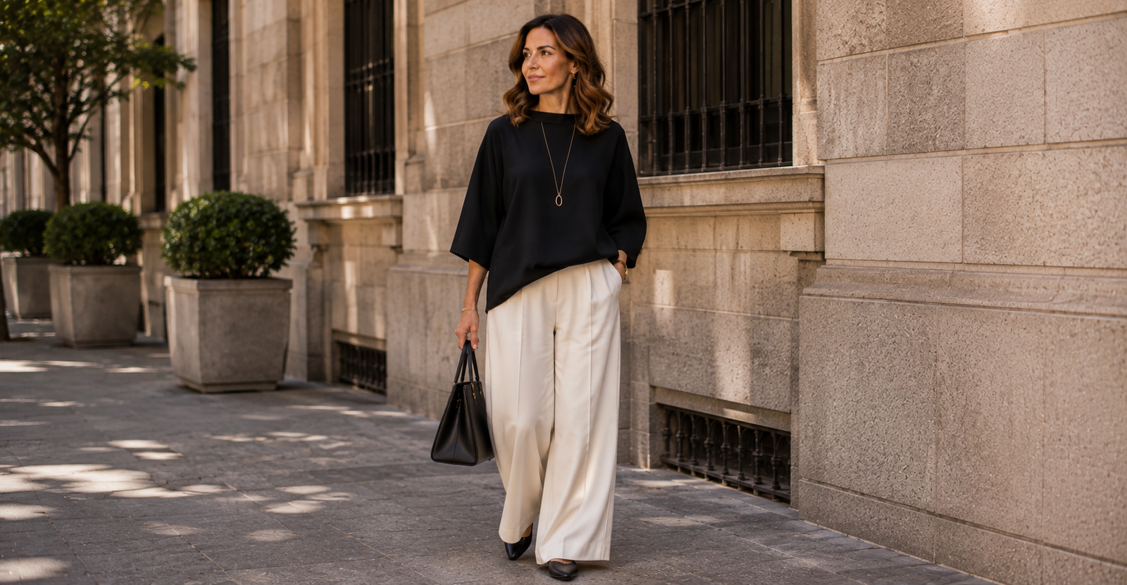 Calça de alfaiataria ampla com top estruturado — look com volume equilibrado