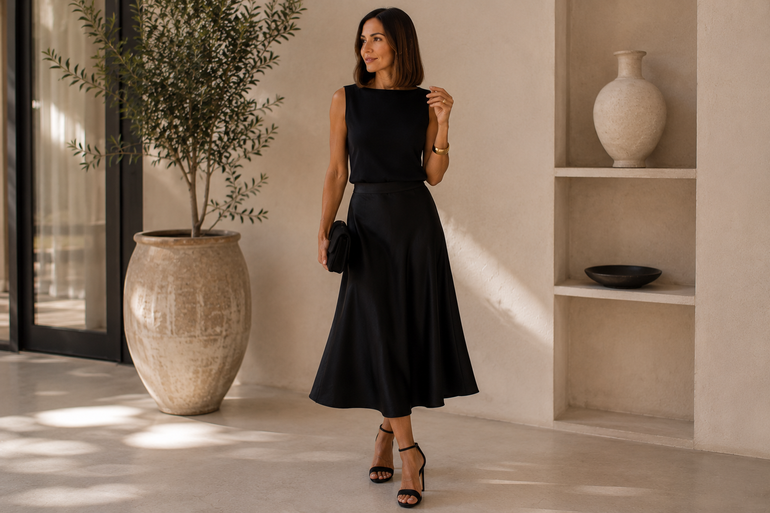 Sandália preta de salto fino — tendência anos 70 para looks poderosos