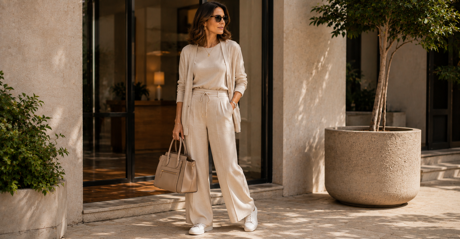 Outfit casual de viagem curta aos 40 — conjunto confortável, tênis e jaqueta