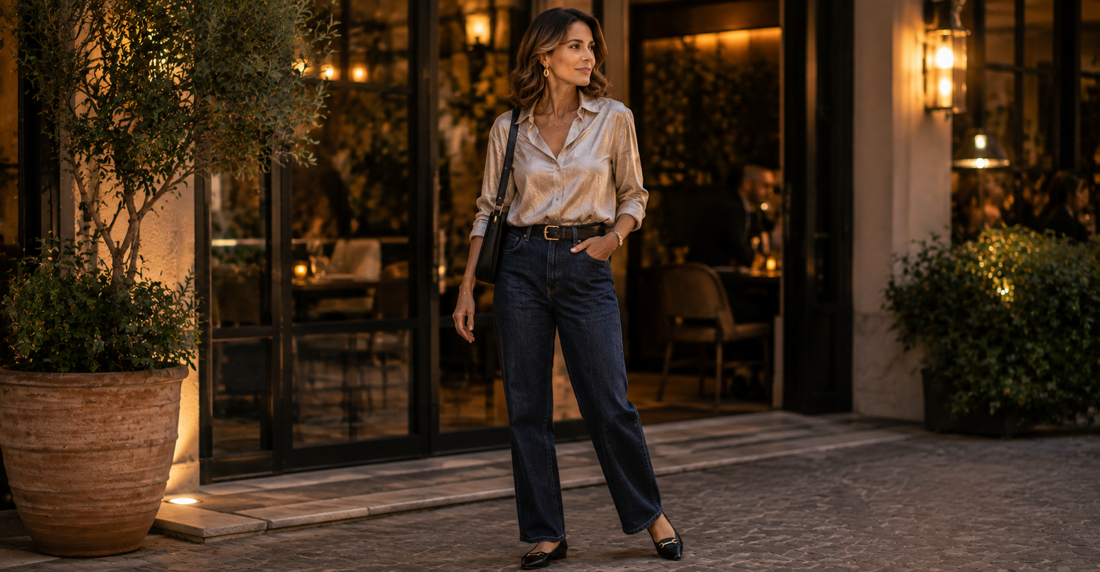Outfit casual para sair à noite aos 40 — jeans escuro, blusa e sapatilha
