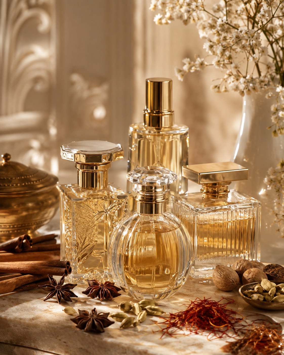 Perfumes especiados importados para o inverno — frascos com notas de açafrão, gengibre e madeiras
