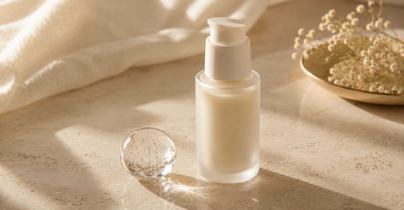 Hidratante facial para pele madura — frasco de creme sobre bancada, ao lado de ingredientes como ácido hialurônico e ceramidas