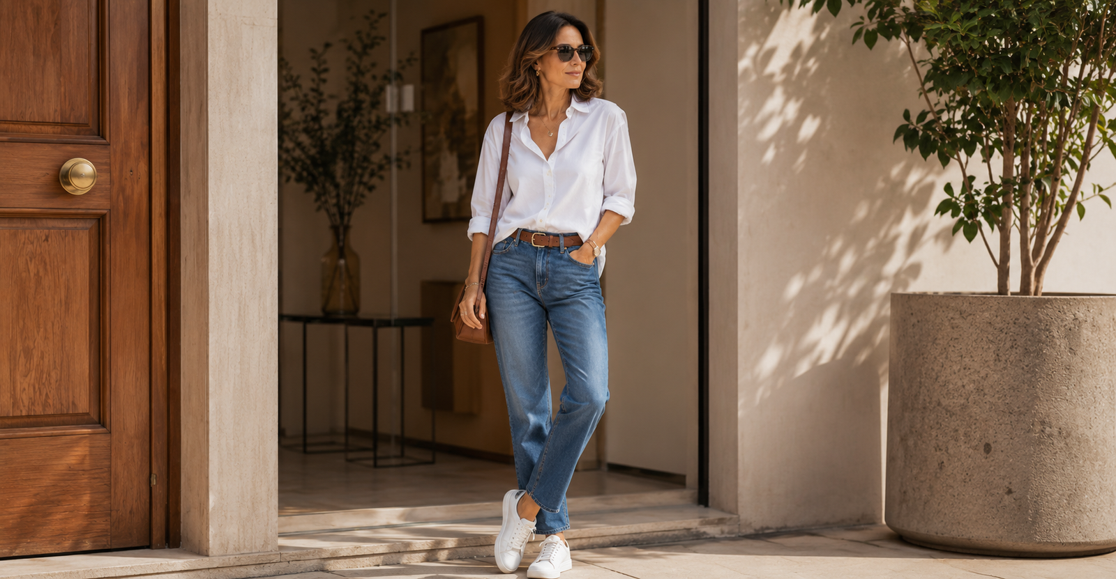 Outfit casual dia a dia aos 40 — jeans reto, camisa e tênis branco