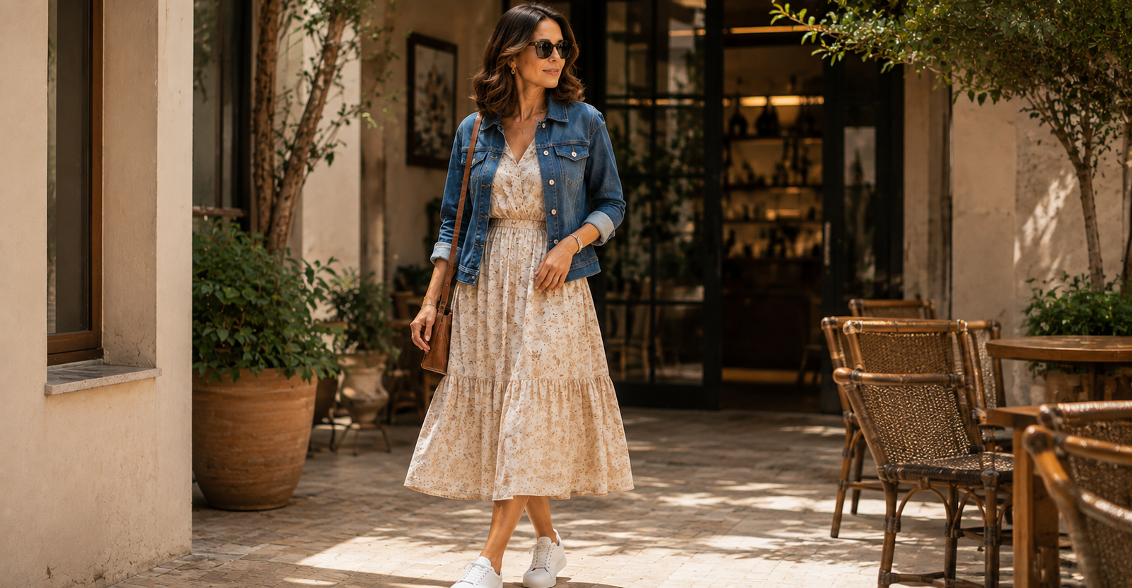 Outfit casual de fim de semana aos 40 — vestido leve com jaqueta jeans e tênis