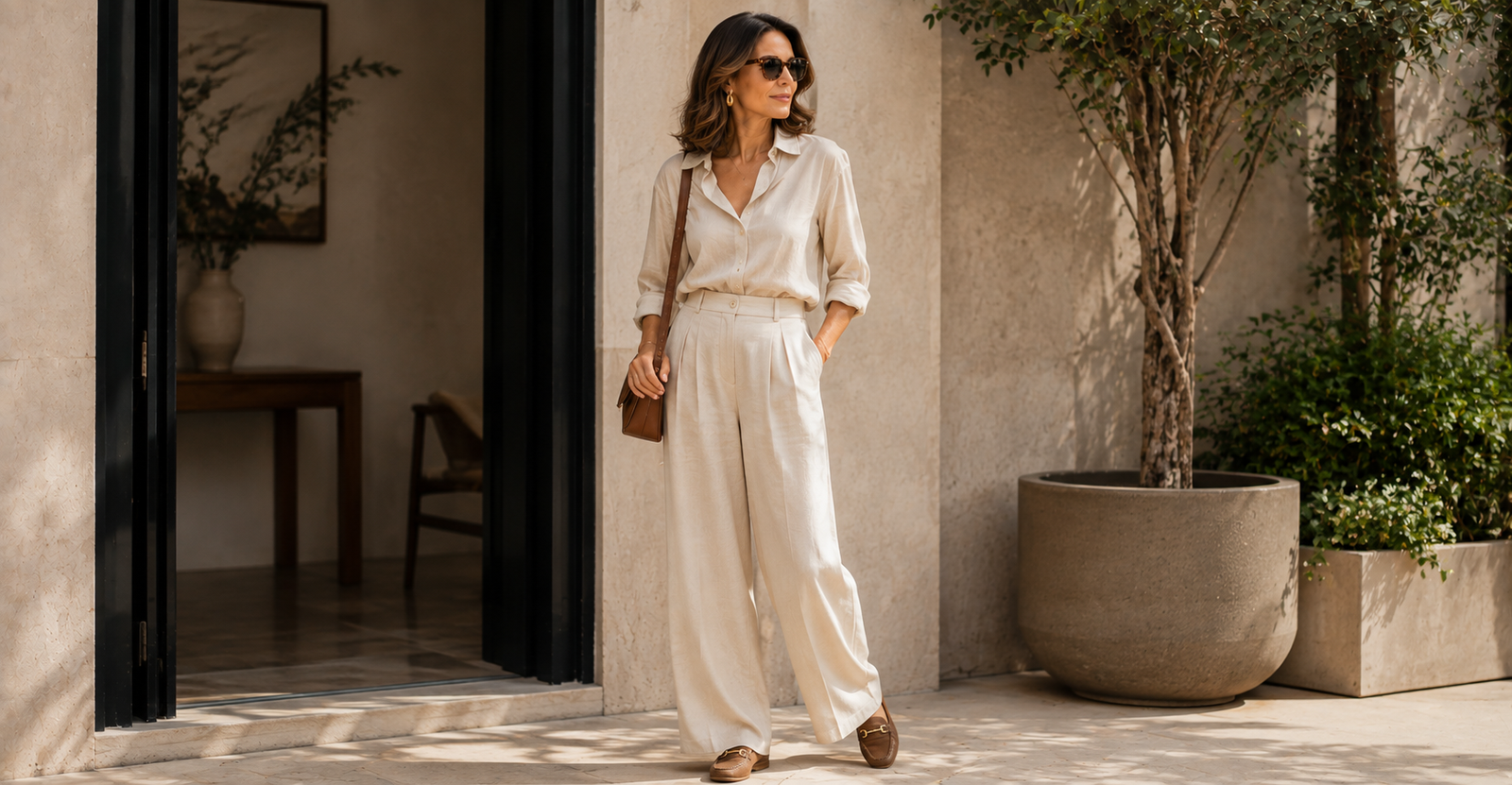 Outfit casual para café ou brunch aos 40 — calça pantalona, blusa e mocassim