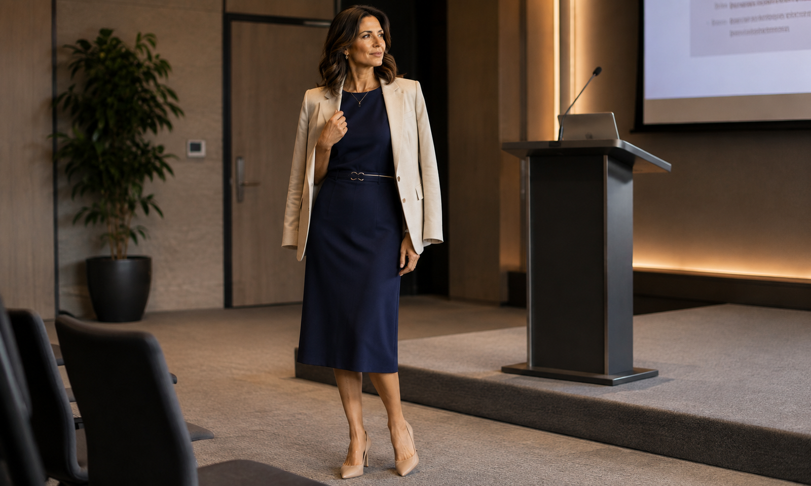 Outfit para trabalhar depois dos 40 — look de evento corporativo com vestido midi e blazer