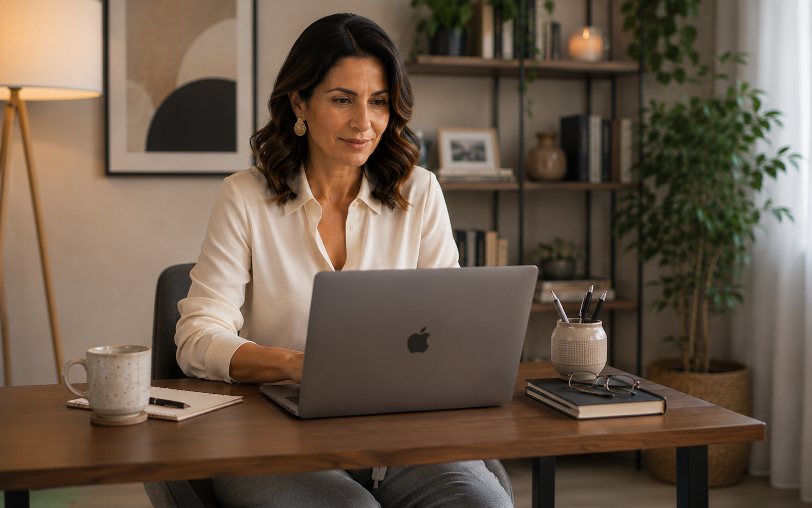 Outfit para trabalhar depois dos 40 — look de home office elegante para videochamada