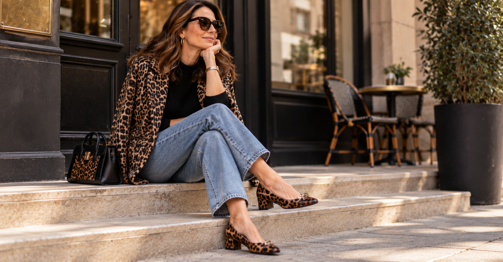 Sapato animal print combinado com jeans e casaco de oncinha