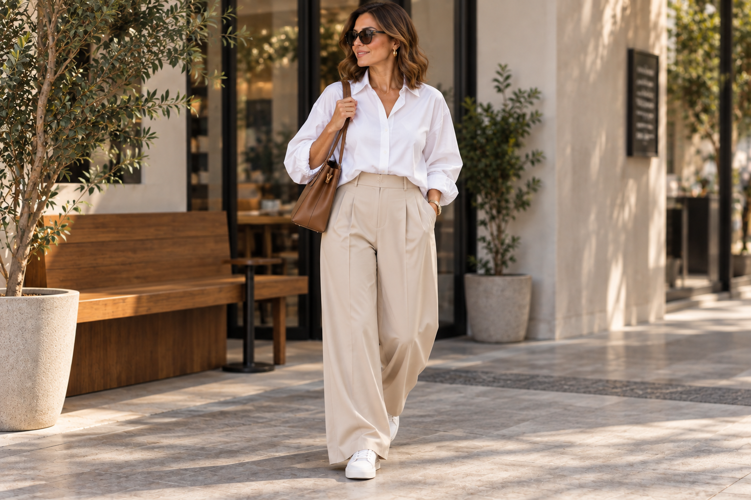 Look com calça pantalona, camisa branca de mangas amplas e tênis para o fim de semana