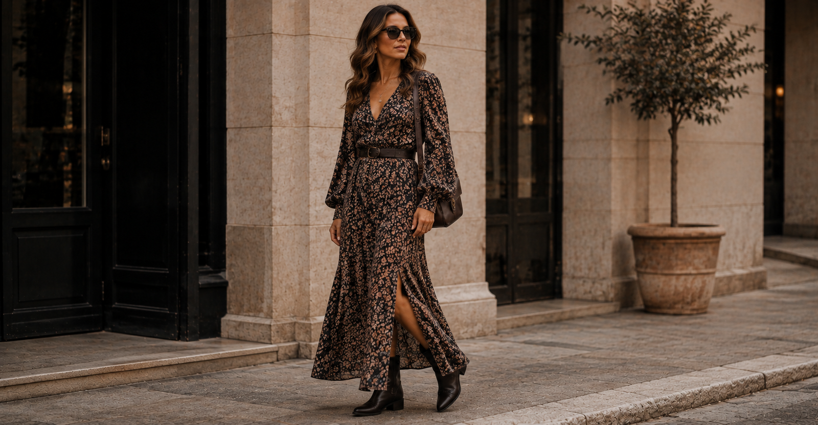 Vestido longo com bota minimalista — combinação de primavera