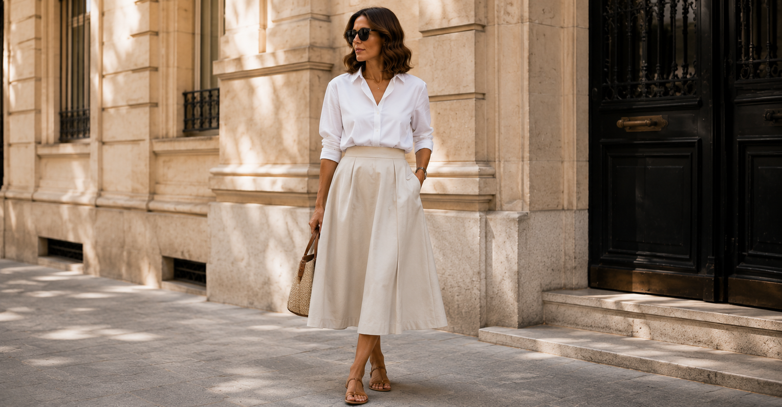 Saia mídi evasê com peça casual por cima — combinação elegante e descontraída