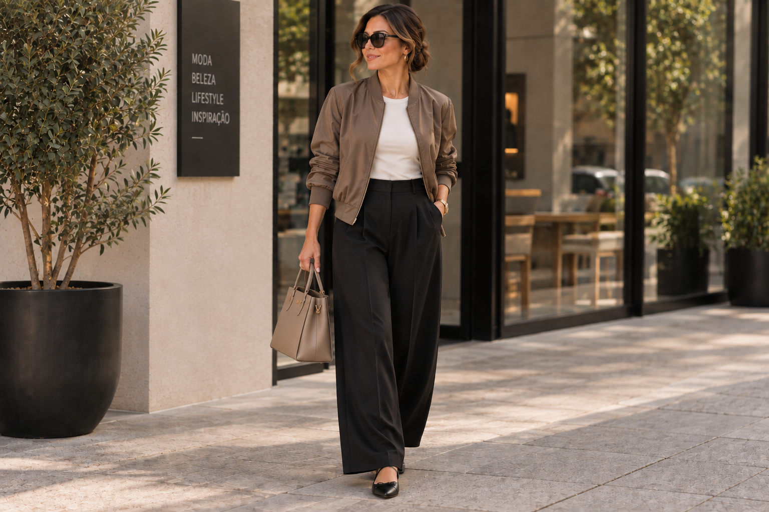 Look com calça pantalona preta, jaqueta bomber e sapatilha para o dia a dia