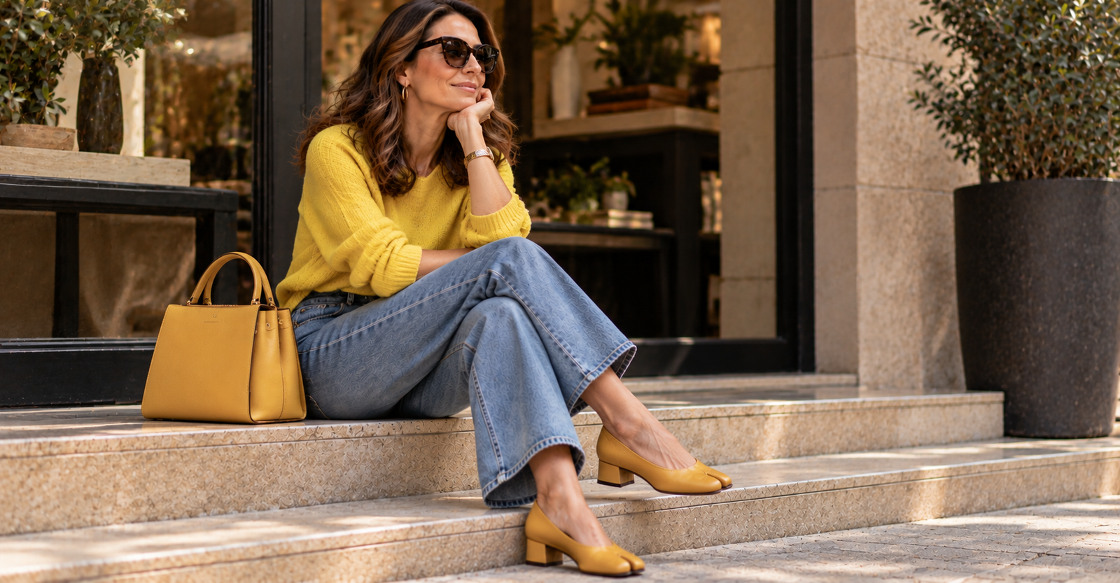 Sapato tabi amarelo combinado com look de jeans