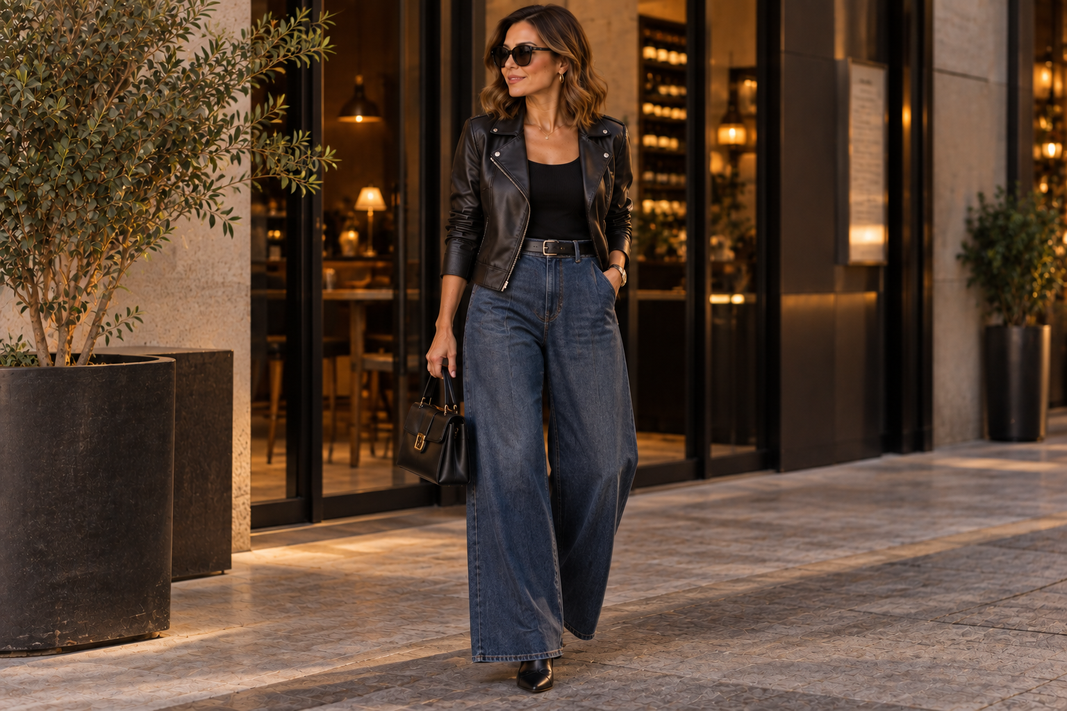 Look com calça pantalona jeans, jaqueta de couro e bota com salto para a noite
