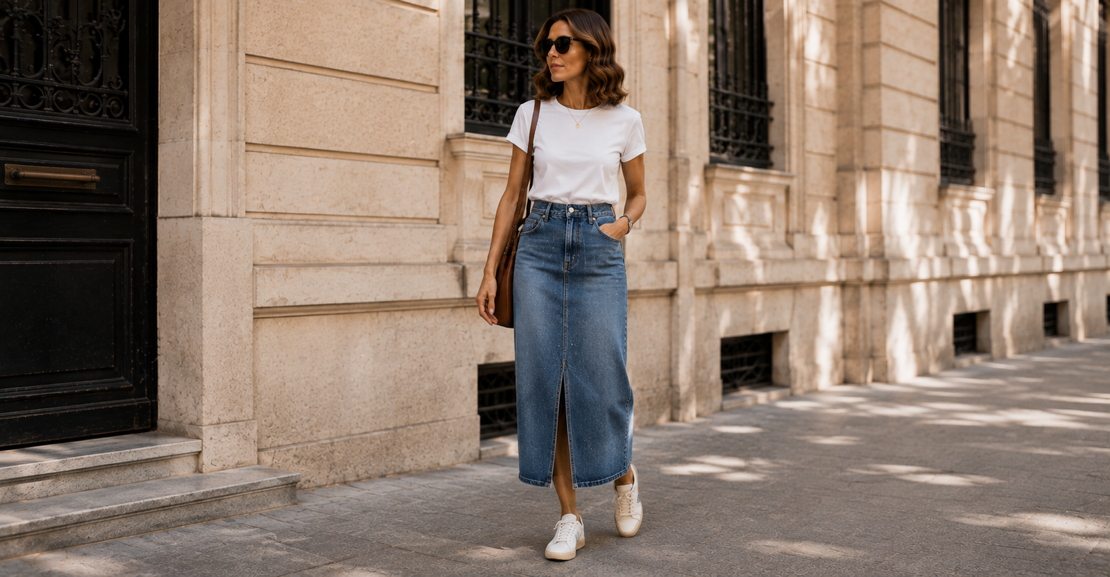 Saia jeans em comprimento mídi — tendência entre as saias bonitas e elegantes da temporada