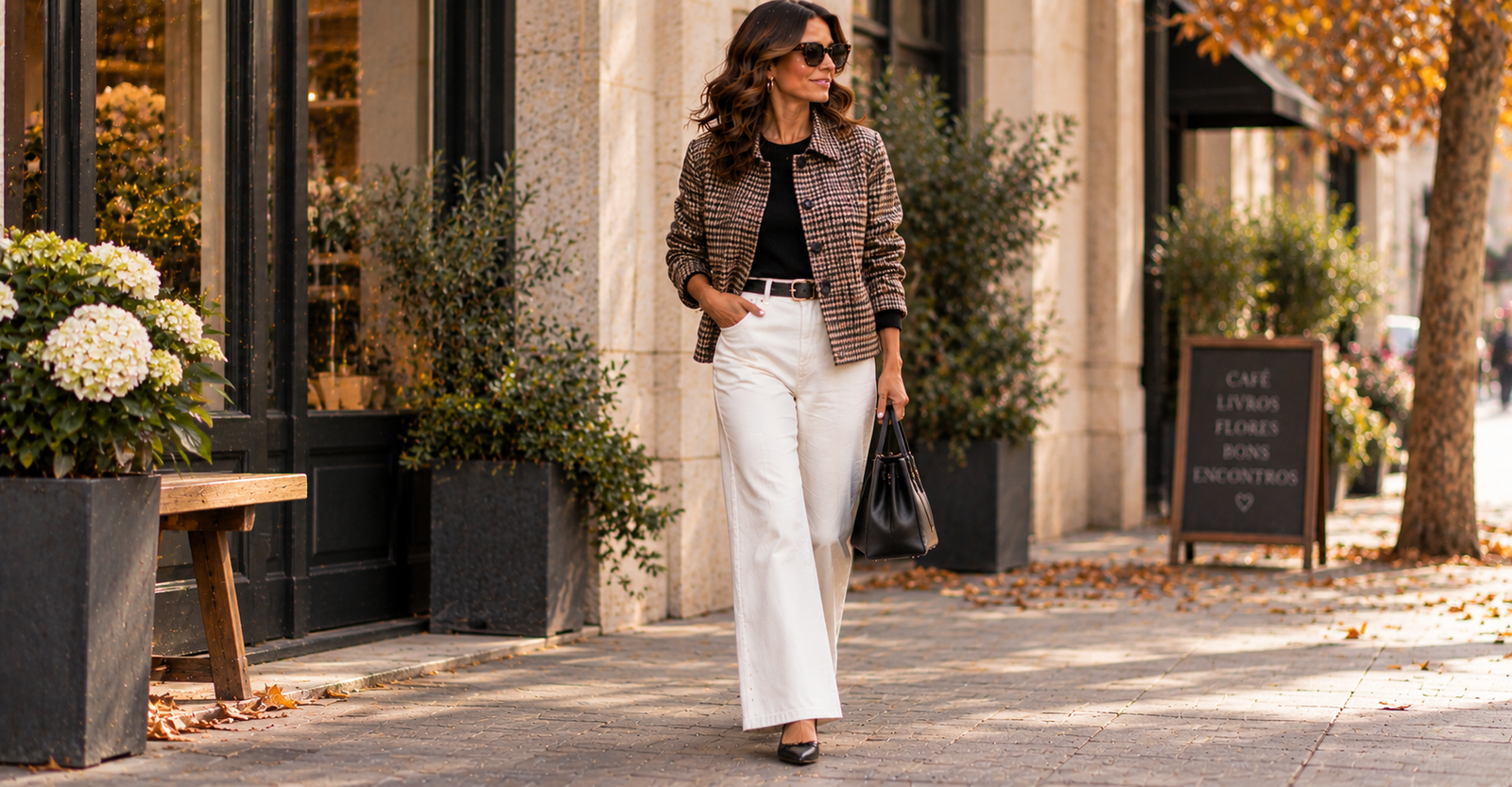 Outfit de meia-estação com calça jeans branca wide leg e jaqueta xadrez