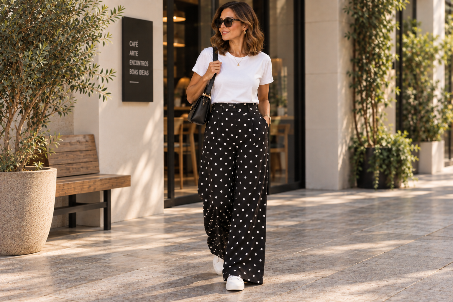 Look com calça pantalona estampada de poá, camiseta e tênis para o lazer