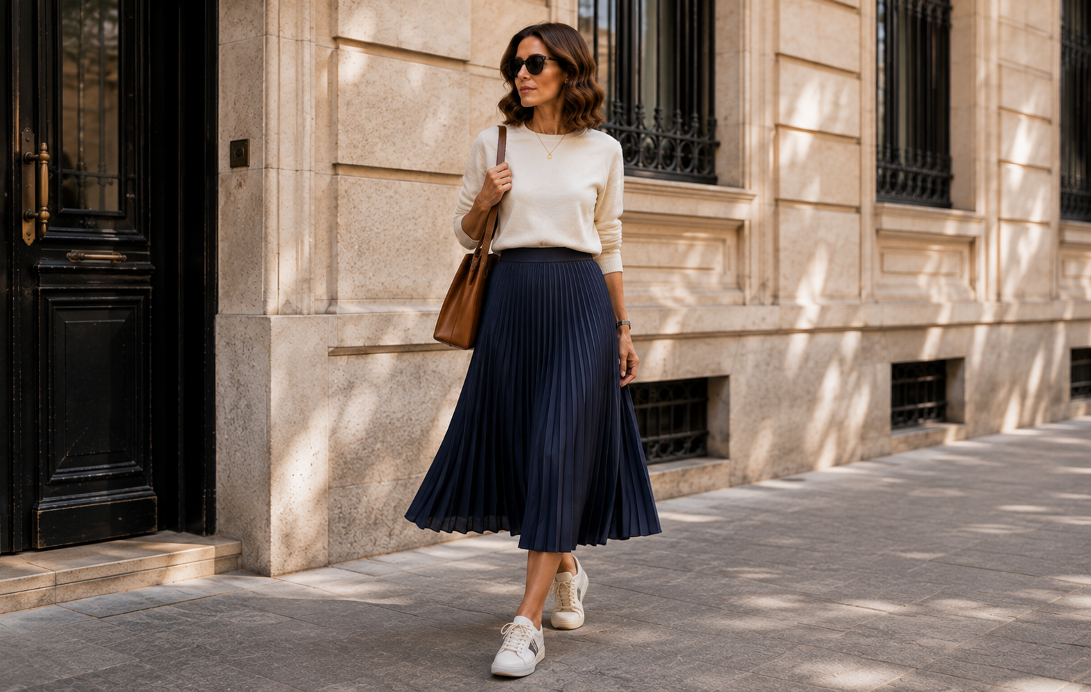 Saia plissada com estilo preppy — uma das saias bonitas e elegantes para o dia a dia