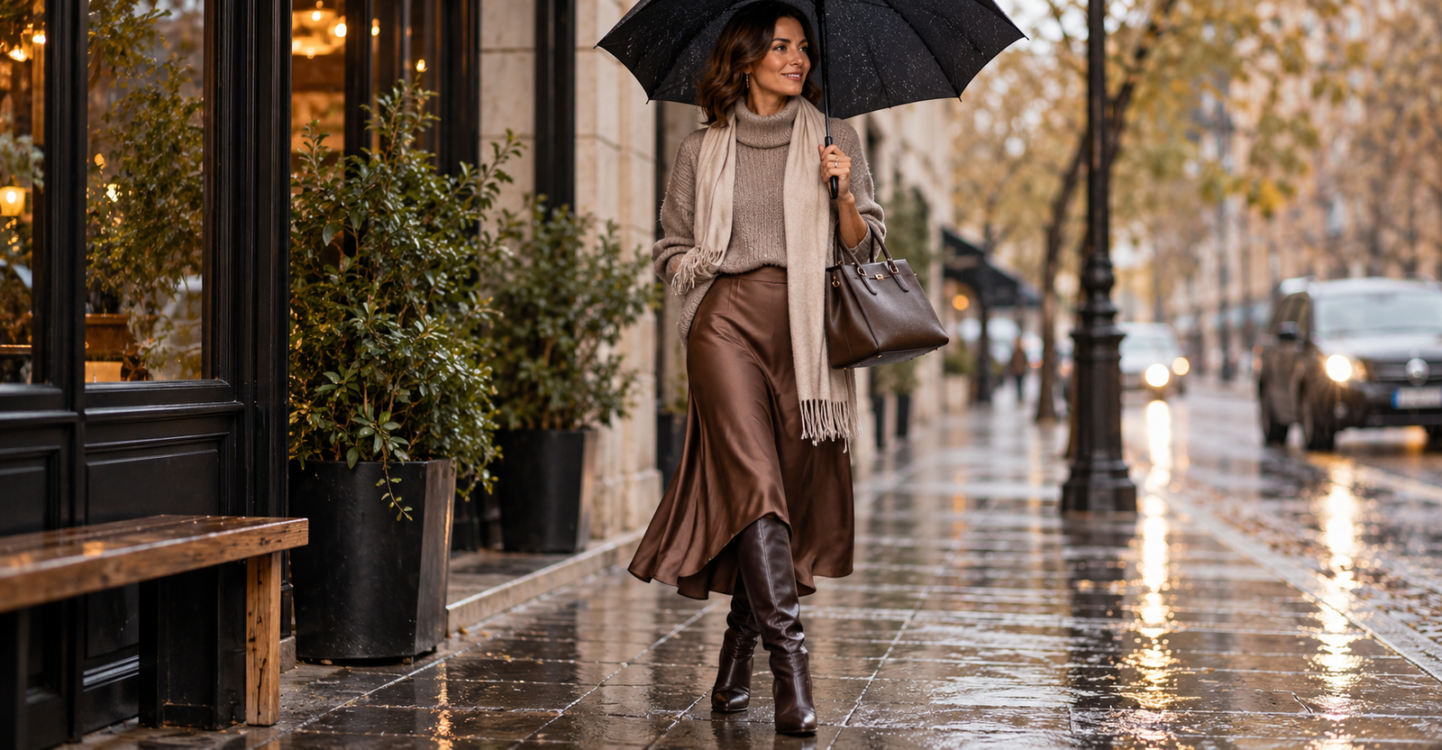 Look de frio para mulheres 40+ — saia midi acetinada com bota de cano longo