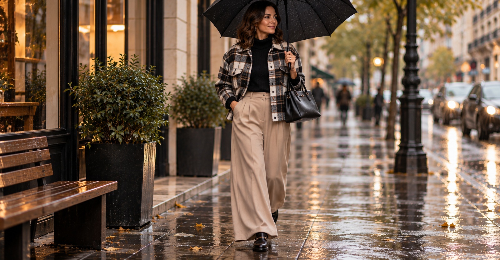 Outfit de frio 40+ — calça pantalona com jaqueta xadrez
