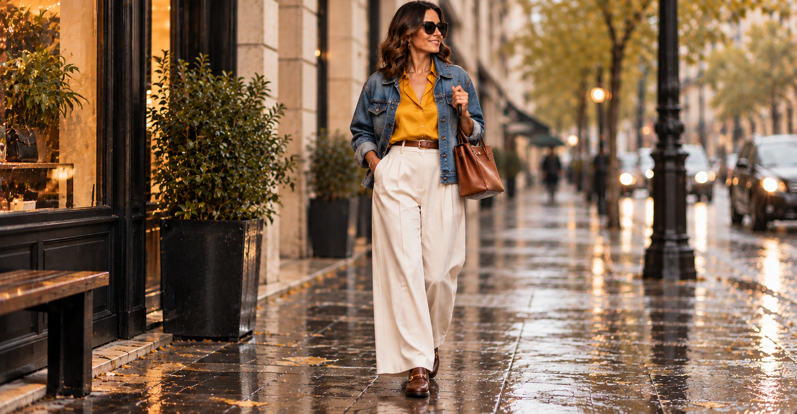 Look de frio para 40+ — camisa colorida com calça wide leg e jaqueta jeans