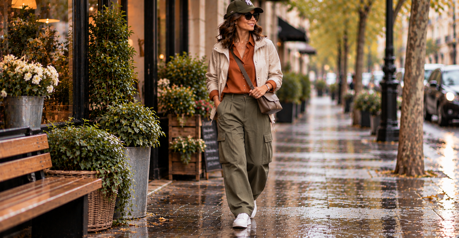 Look de frio 40+ — calça cargo com camisa e jaqueta corta-vento