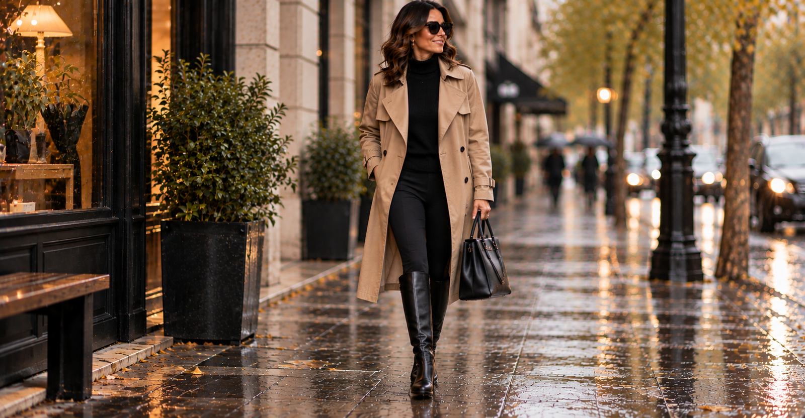 Outfit de frio 40+ — legging com bota de cano longo e trench coat