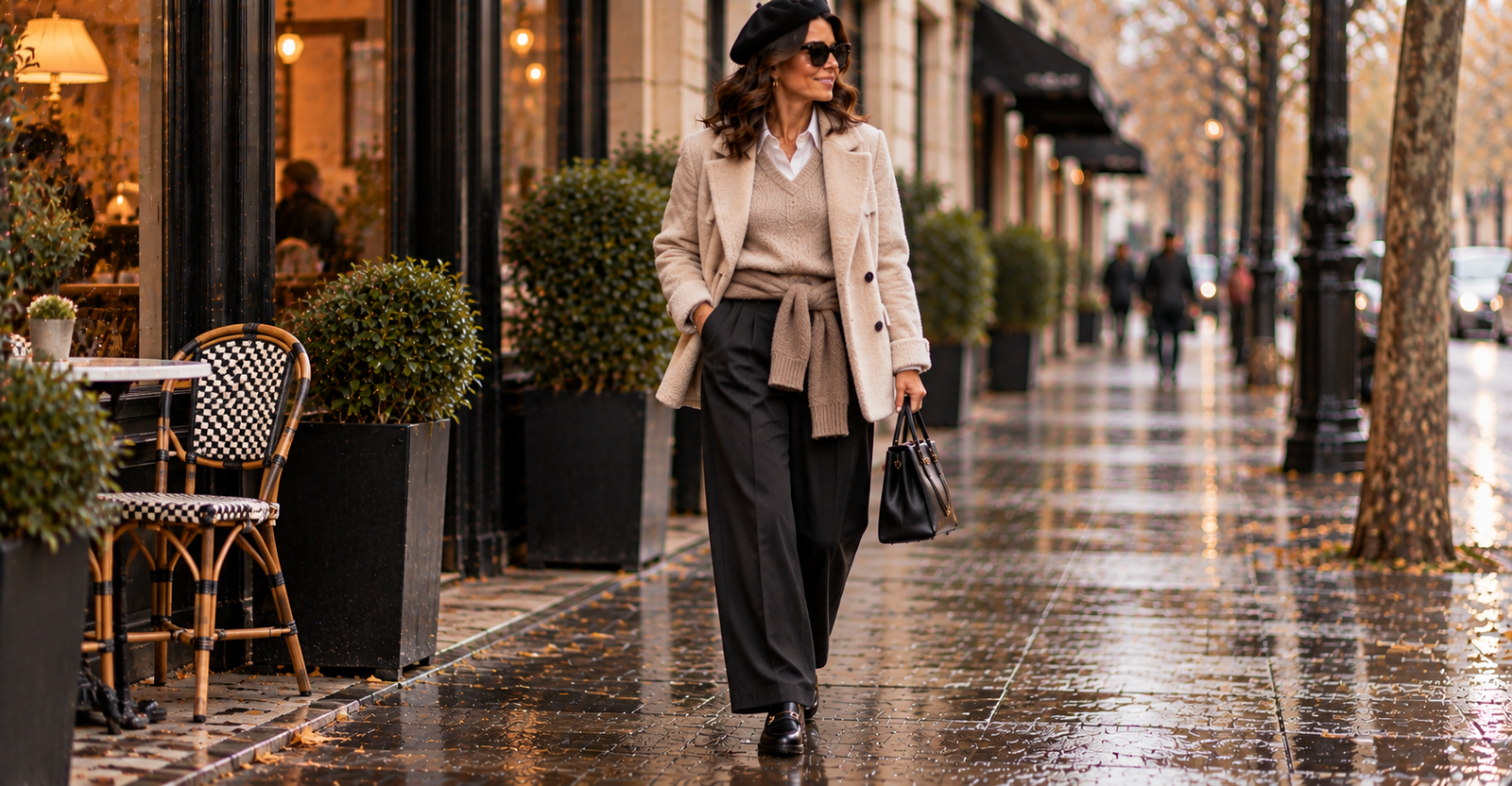 Look de frio 40+ — tricô amarrado na cintura com alfaiataria e blazer de pelinho