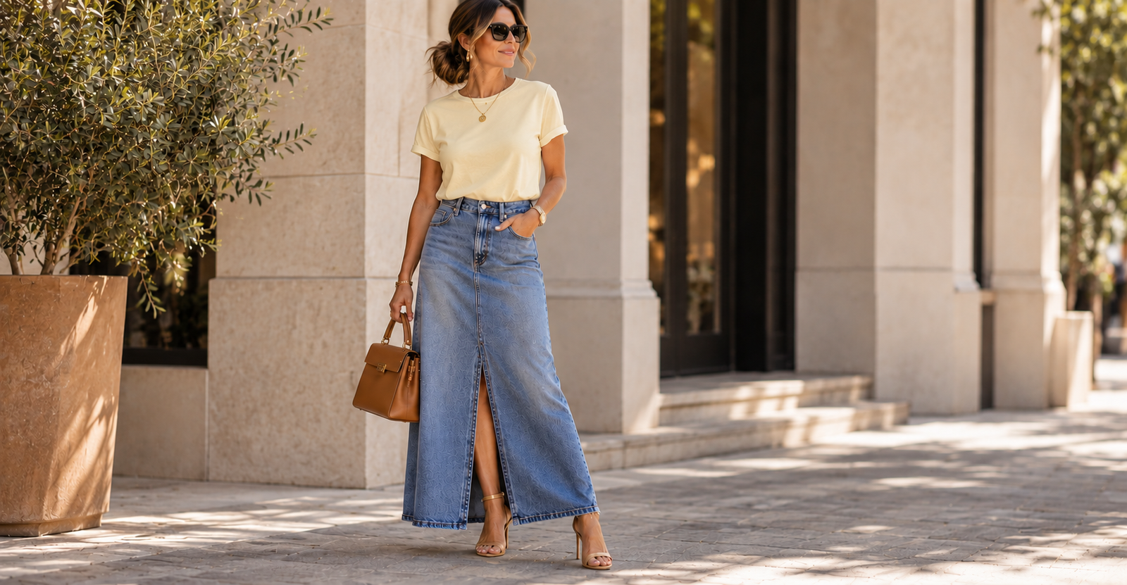 Look com saia jeans longa, camiseta branca e sandália de salto