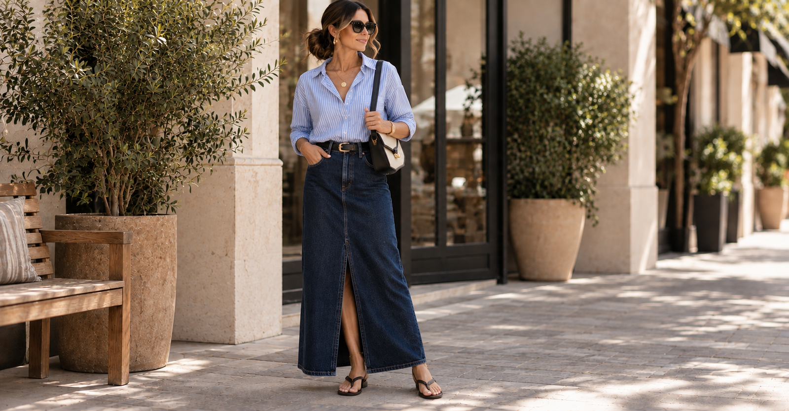 Saia jeans longa combinada com camisa listrada e chinelo de tiras