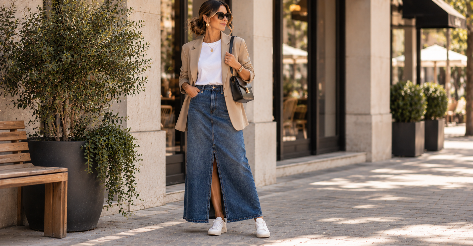 Saia jeans longa com blazer leve e camiseta branca