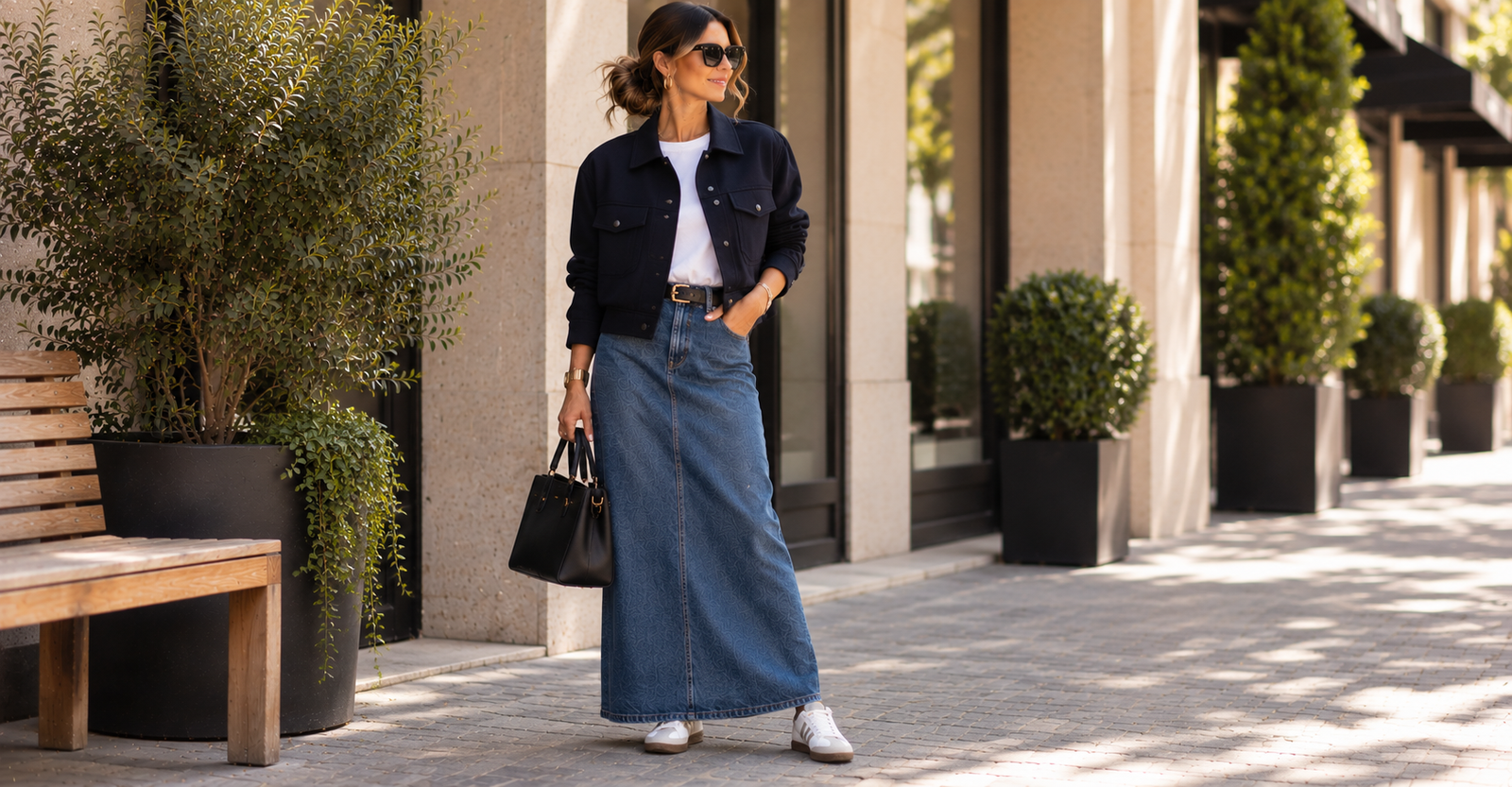 Saia jeans longa com jaqueta estruturada curta e tênis branco