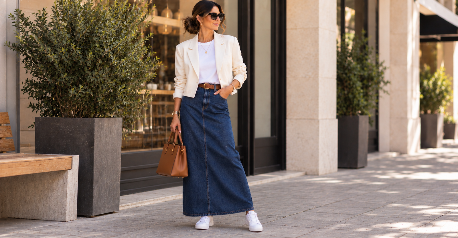 Look com saia jeans longa, blazer estruturado e tênis branco minimalista