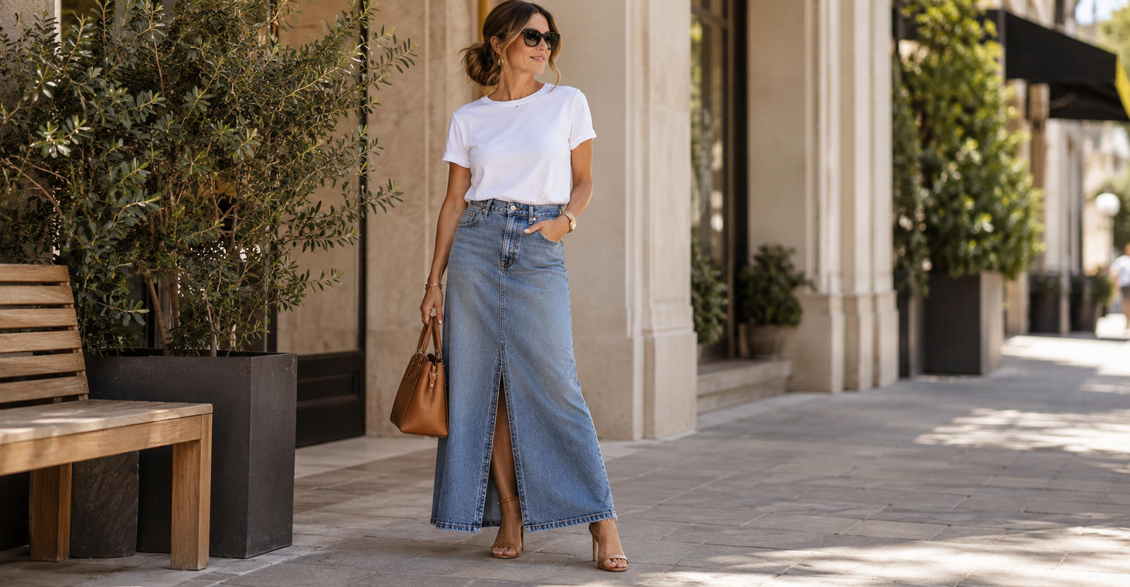 Saia jeans longa combinada com camiseta branca e sandália de salto para o dia