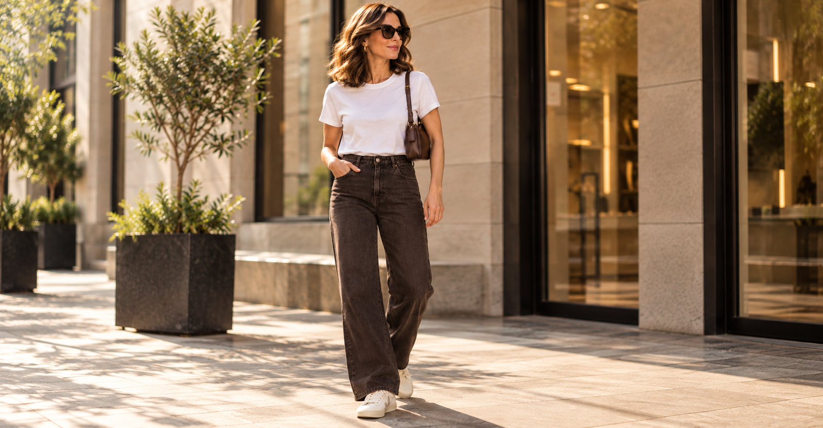 Outfit casual com calça jeans marrom chocolate reta, camiseta branca e tênis branco